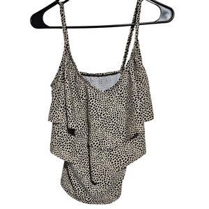 Ellen Tracy Tankini Top Womens Size 8 Black Polka Dot Layered Ruffle Swimwear